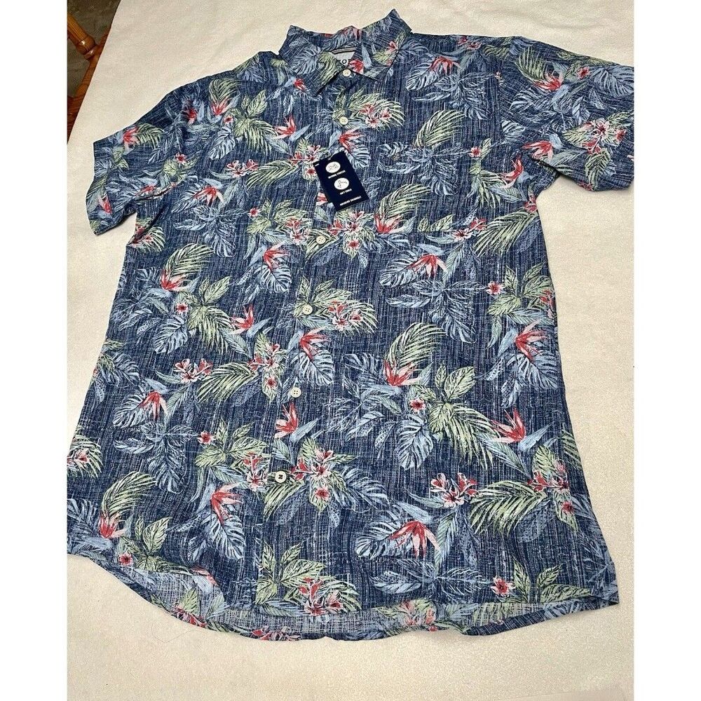 IZOD Saltwater Dockside Chambray Short Sleeve Button Shirt Mens tropical Sz Lg